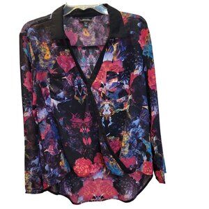 Nicole Miller Sz M Floral Semi Sheer LS Faux Wrap Hi Lo Collared Blouse Pocket